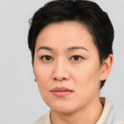 Neutral white young-adult female with short  brown hair and brown eyes