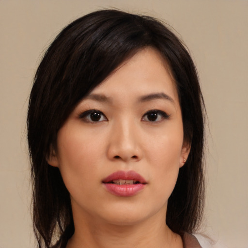 Neutral asian young-adult female with medium  black hair and brown eyes