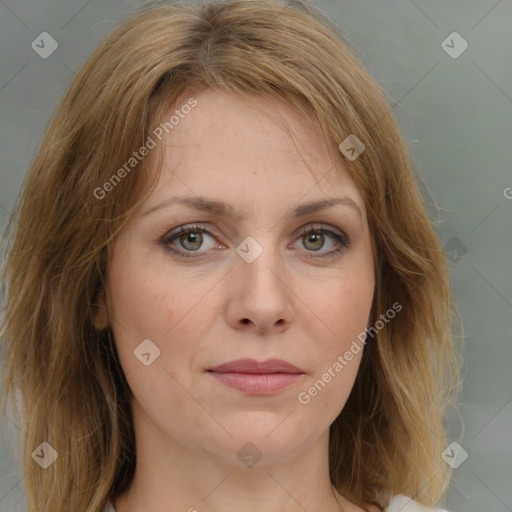 Joyful white young-adult female with medium  brown hair and green eyes