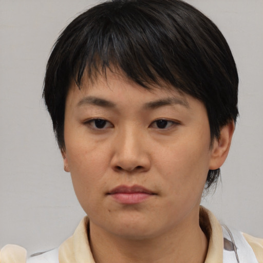 Neutral asian young-adult female with medium  brown hair and brown eyes
