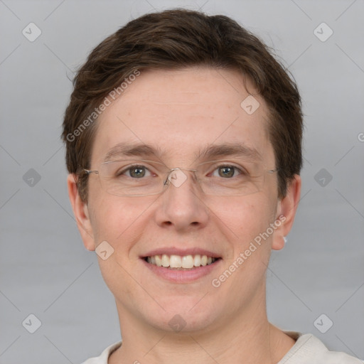 Joyful white adult male with short  brown hair and grey eyes