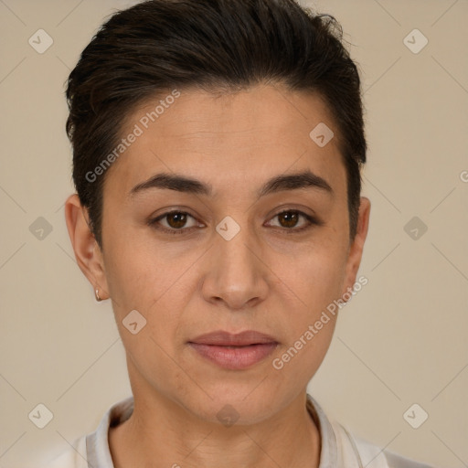 Joyful white young-adult female with short  brown hair and brown eyes