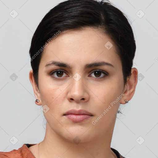 Neutral white young-adult female with medium  brown hair and brown eyes