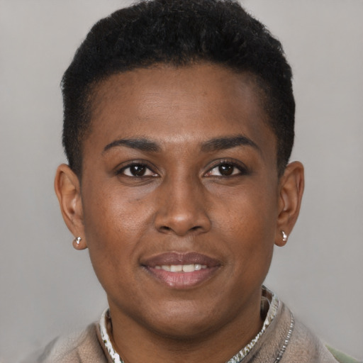 Joyful black young-adult female with short  brown hair and brown eyes