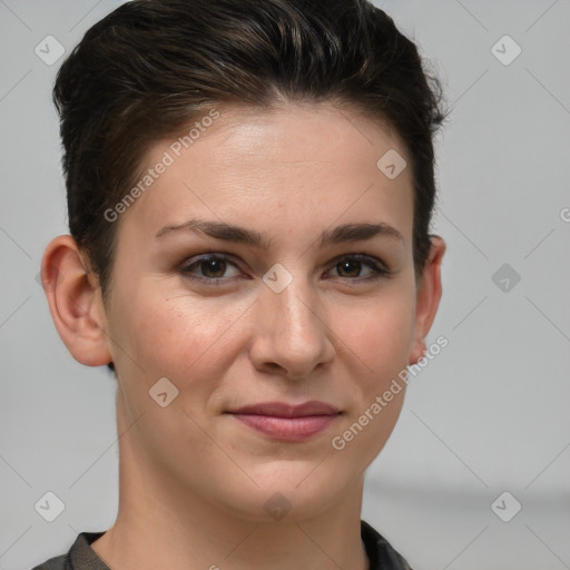 Joyful white young-adult female with short  brown hair and brown eyes