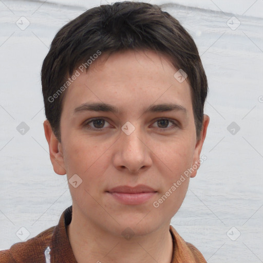 Joyful white young-adult female with short  brown hair and grey eyes