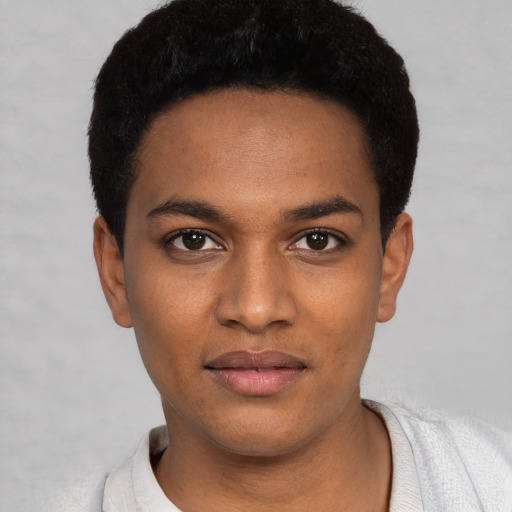 Neutral black young-adult male with short  black hair and brown eyes