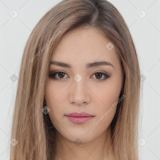 Neutral white young-adult female with long  brown hair and brown eyes