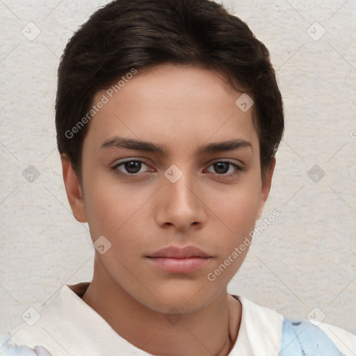 Neutral white young-adult female with short  brown hair and brown eyes