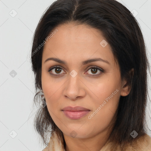 Joyful latino young-adult female with medium  brown hair and brown eyes