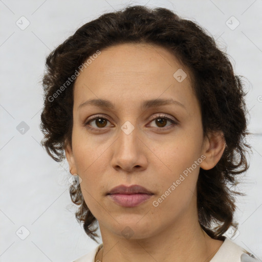 Neutral white adult female with medium  brown hair and brown eyes