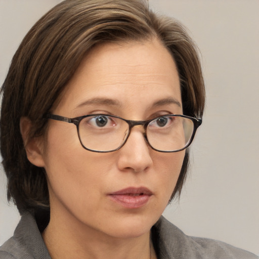 Neutral white adult female with medium  brown hair and blue eyes