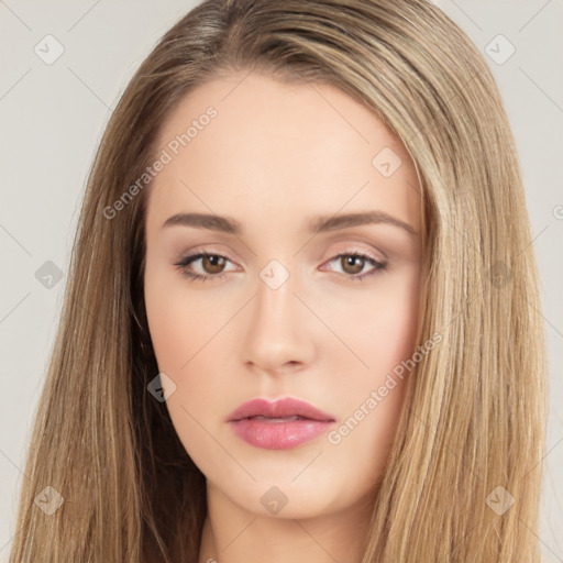 Neutral white young-adult female with long  brown hair and brown eyes