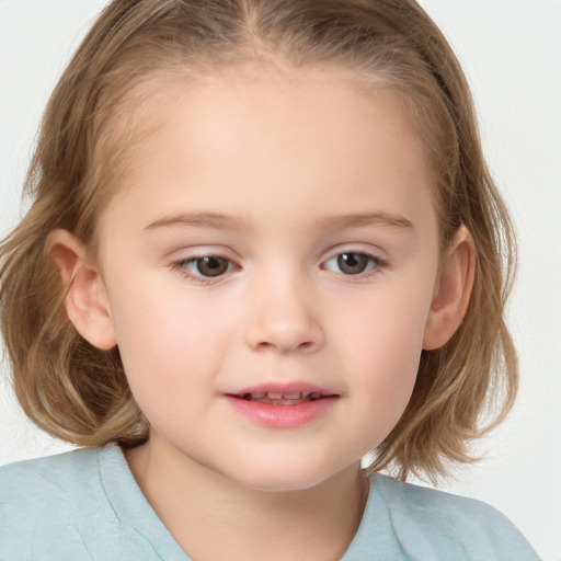 Joyful white child female with medium  brown hair and blue eyes