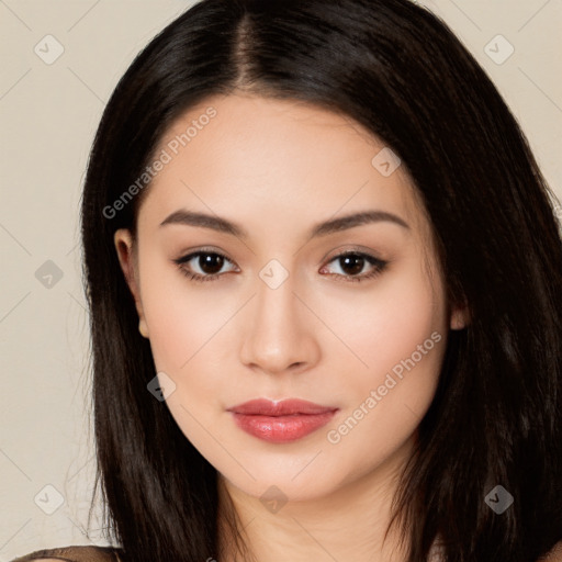 Joyful white young-adult female with long  black hair and brown eyes