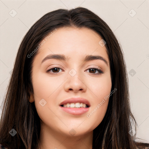 Joyful white young-adult female with long  black hair and brown eyes