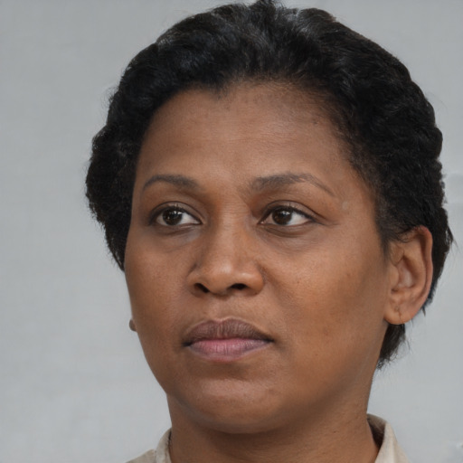 Neutral black adult female with short  brown hair and brown eyes
