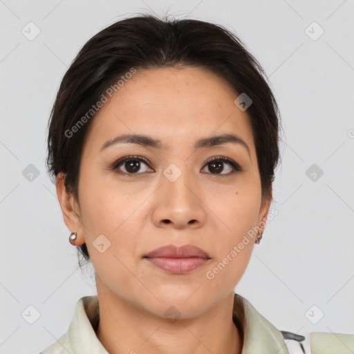 Joyful white young-adult female with medium  brown hair and brown eyes