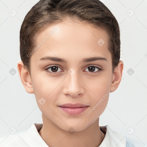 Joyful white child female with short  brown hair and brown eyes