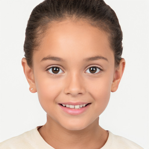 Joyful white child female with short  brown hair and brown eyes