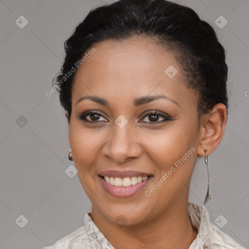 Joyful latino young-adult female with short  brown hair and brown eyes