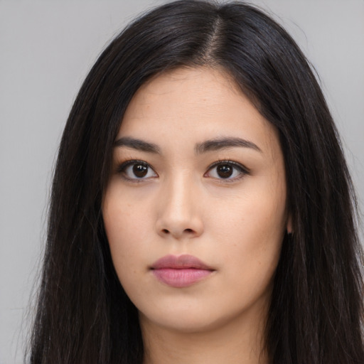 Neutral asian young-adult female with long  black hair and brown eyes