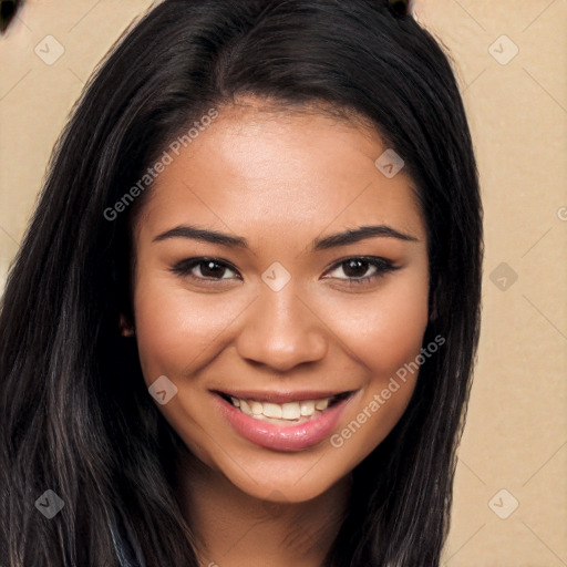 Joyful latino young-adult female with long  brown hair and brown eyes