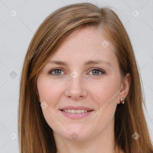 Joyful white young-adult female with long  brown hair and grey eyes