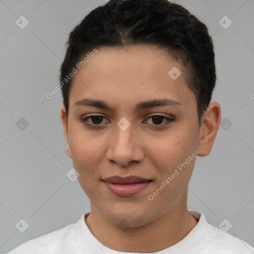 Joyful latino young-adult female with short  brown hair and brown eyes