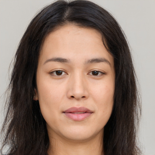 Neutral asian young-adult female with long  brown hair and brown eyes