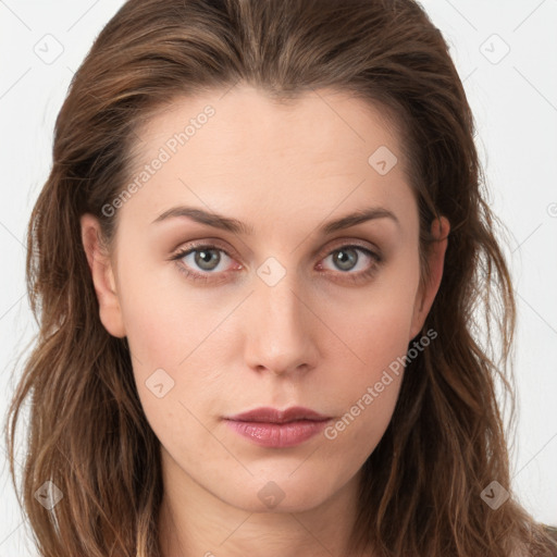 Neutral white young-adult female with long  brown hair and grey eyes