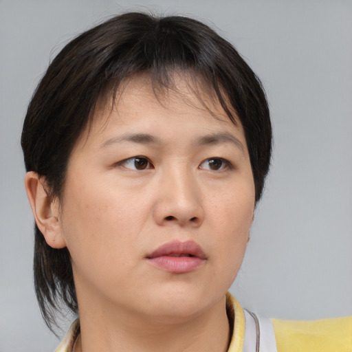 Neutral asian young-adult female with medium  brown hair and brown eyes