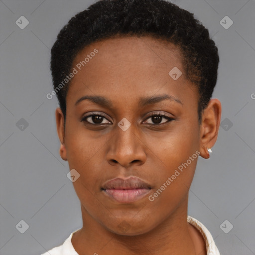 Neutral black young-adult female with short  brown hair and brown eyes