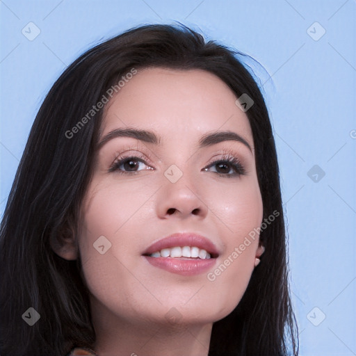 Joyful white young-adult female with long  black hair and brown eyes