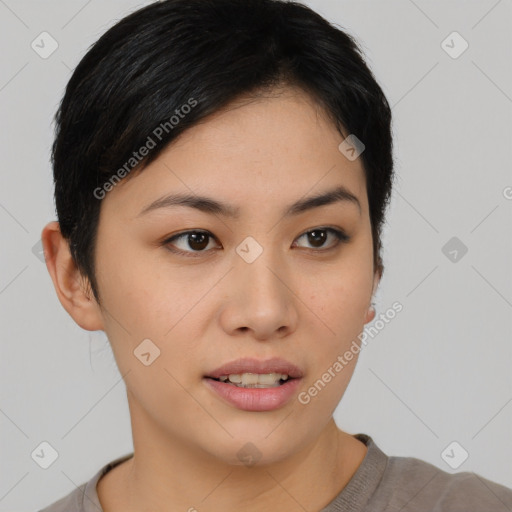 Neutral asian young-adult female with short  black hair and brown eyes