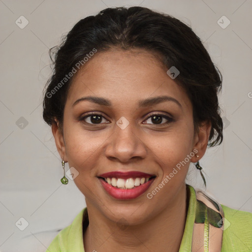 Joyful latino young-adult female with short  brown hair and brown eyes