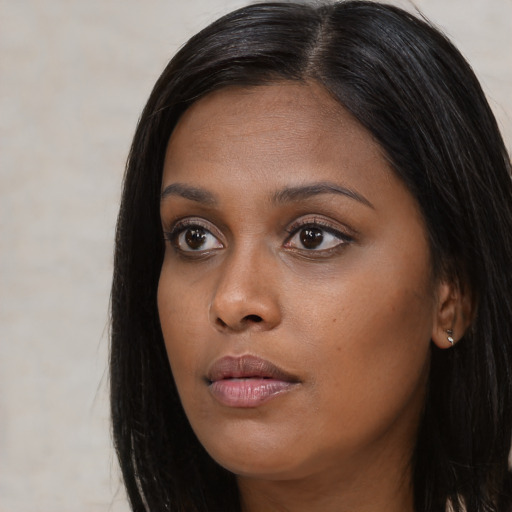 Neutral asian young-adult female with long  black hair and brown eyes