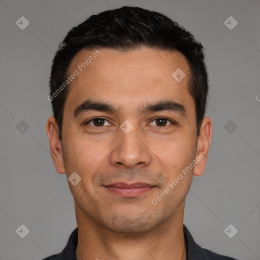 Joyful white young-adult male with short  black hair and brown eyes