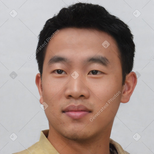 Neutral asian young-adult male with short  black hair and brown eyes