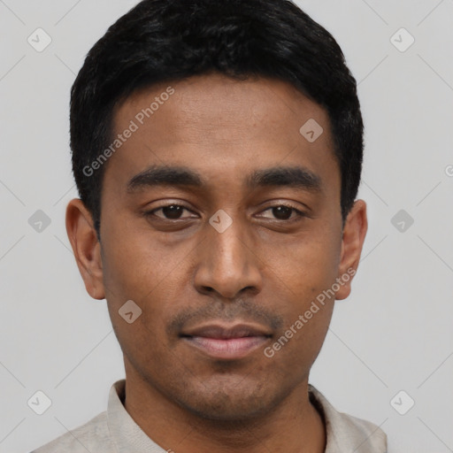 Neutral asian young-adult male with short  black hair and brown eyes