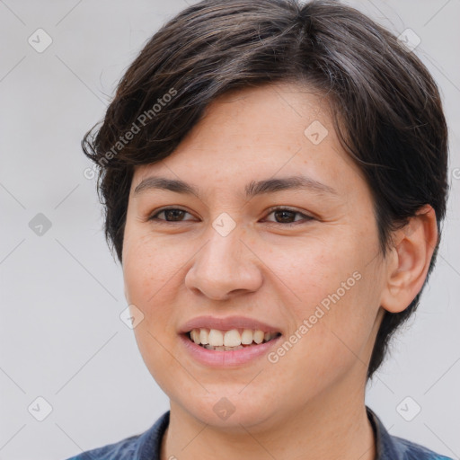 Joyful white young-adult female with medium  brown hair and brown eyes