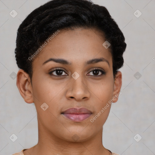 Joyful latino young-adult female with short  brown hair and brown eyes