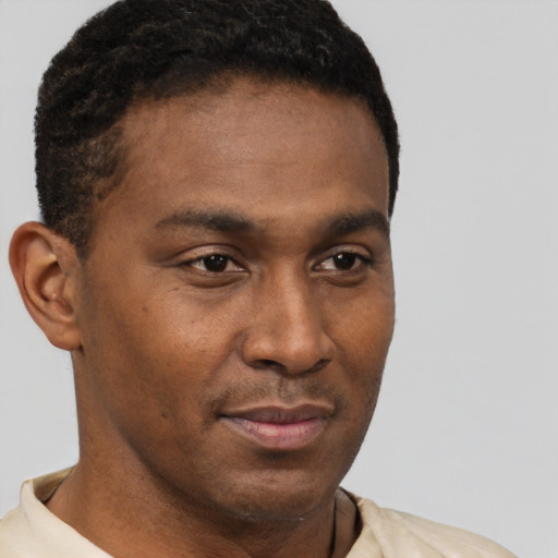 Neutral black young-adult male with short  brown hair and brown eyes