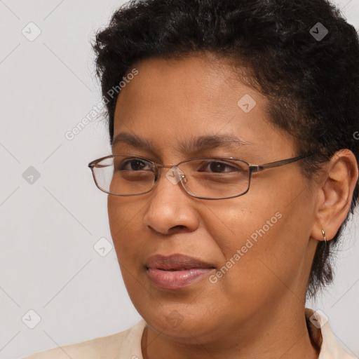 Joyful white adult female with short  brown hair and brown eyes