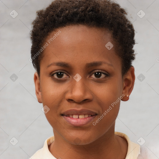 Joyful black young-adult female with short  brown hair and brown eyes