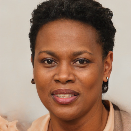 Joyful black young-adult female with short  brown hair and brown eyes