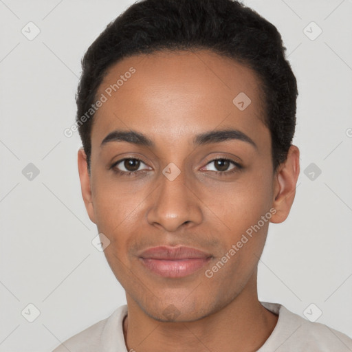 Joyful latino young-adult female with short  black hair and brown eyes