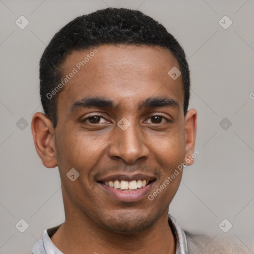 Joyful latino young-adult male with short  black hair and brown eyes