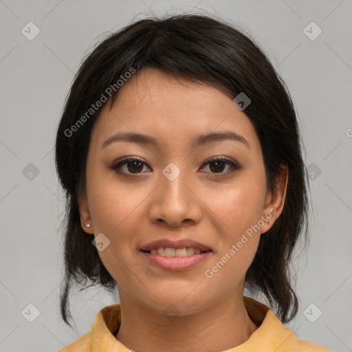 Joyful asian young-adult female with medium  brown hair and brown eyes