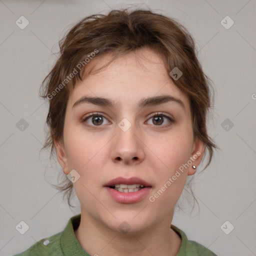 Neutral white young-adult female with medium  brown hair and brown eyes